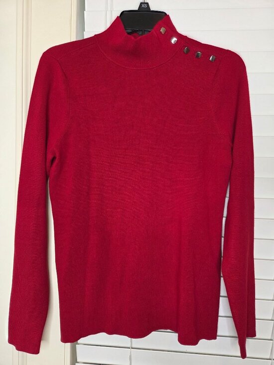 Chico's Sweaters - Chicos Red Mock Neck Sweater Button Detail Size M classic holiday fiesta modern